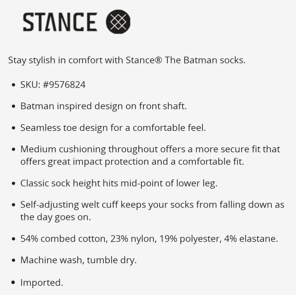 NWT Kid's The Batman Stance Crew Socks